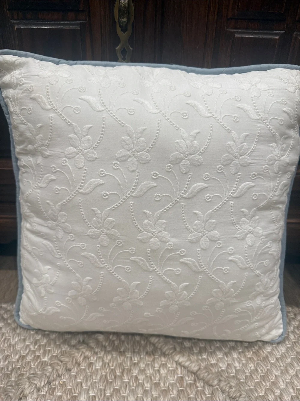 Vintage Quilt Blue Plaid Decorative Throw Pillow with White Appliqué